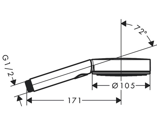 Teknisk ritning av ett handduschmunstycke med mått för diameter, längd och lutningsvinkel.