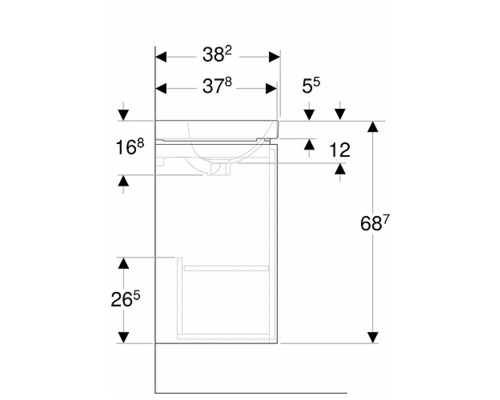 Måttritning av ett tvättställsskåp med måttangivelser