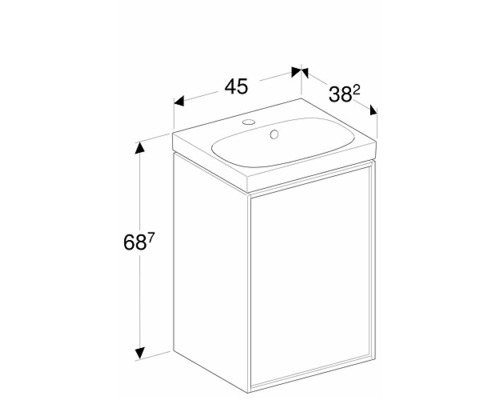 Ritning av ett tvättställsskåp med måtten 45, 38,2 och 68,7 centimeter.