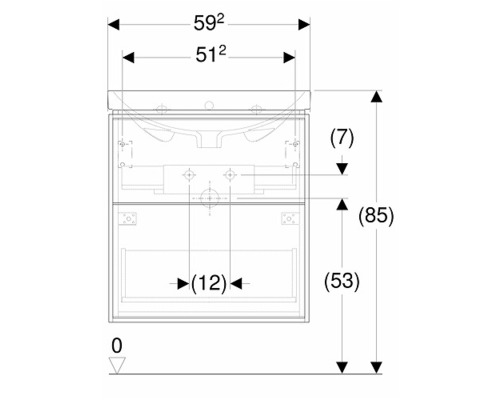 Teknisk ritning av ett tvättställsskåp med måttangivelser