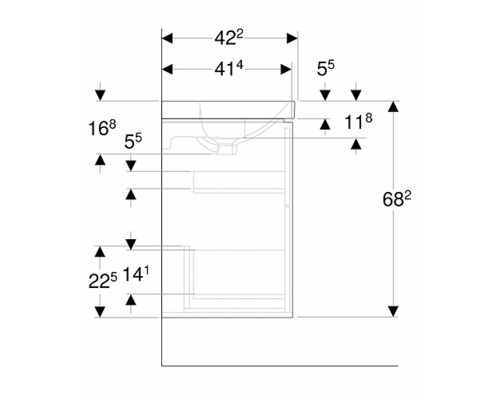Teknisk ritning av ett tvättställsskåp med mått.
