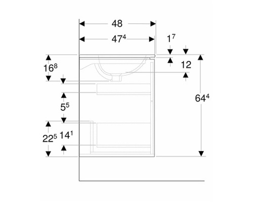 Teknisk ritning av ett tvättställsskåp med mått.