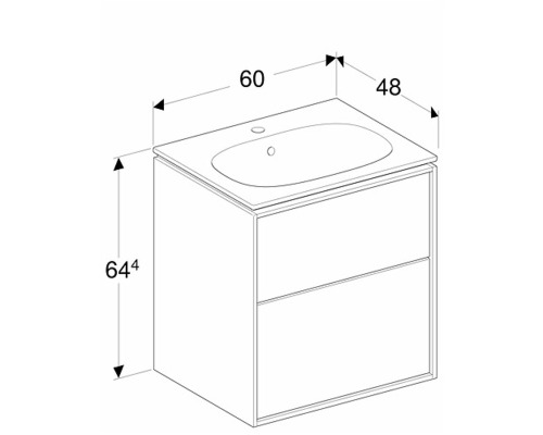 Ritning av ett tvättställsskåp med dimensioner