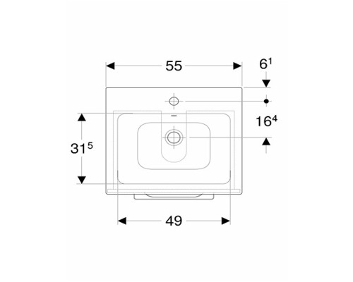 Måttsatt ritning av ett tvättställ med måtten 55 x 49 x 31,5 cm.