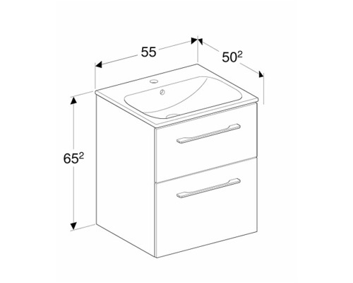 Skiss av ett tvättställsskåp med lådor och måttangivelser