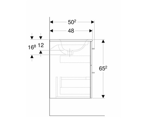 Teknisk ritning av ett tvättställsskåp med mått