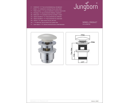 Jungborn skaftventil med pop-up keramisk lock, teknisk ritning