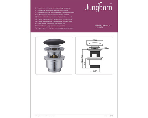 Jungborn skaftventil 1 1/4 tum med pop-up keramiskt lock, schema