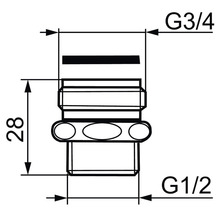 Teknisk ritning av en koppling med måtten G3/4, G1/2 och 28 mm