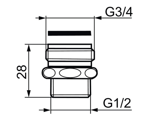 Teknisk ritning av en koppling med måtten G3/4, G1/2 och 28 mm