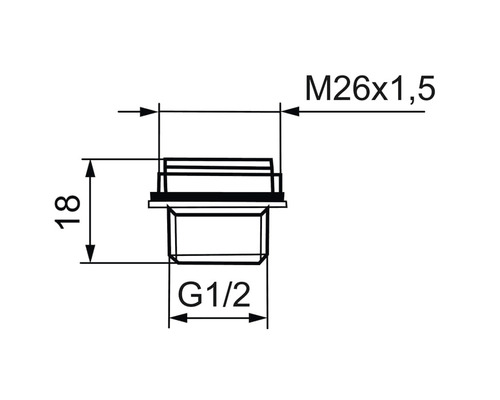 Teknisk ritning av en ventil med måtten M26x1,5 och G1/2