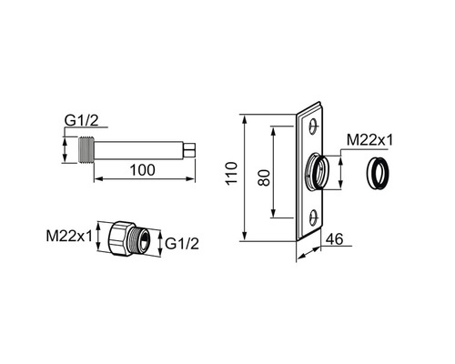 Teknisk ritning av en vägganslutningsböj med rosett och diverse mått