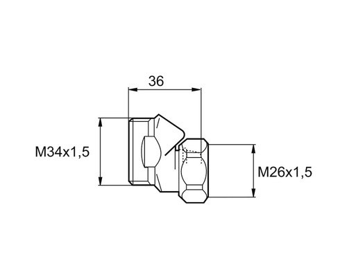 Teknisk ritning av en rörkoppling med måtten M34x1,5, M26x1,5 och 36.