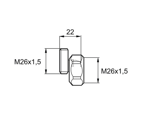 Teknisk ritning av ett dörrband med måtten M26x1,5 och 22