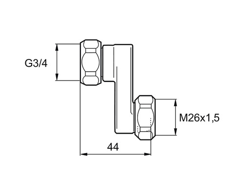 Teknisk ritning av en sanitetsprodukt med måtten G3/4 och M26x1,5