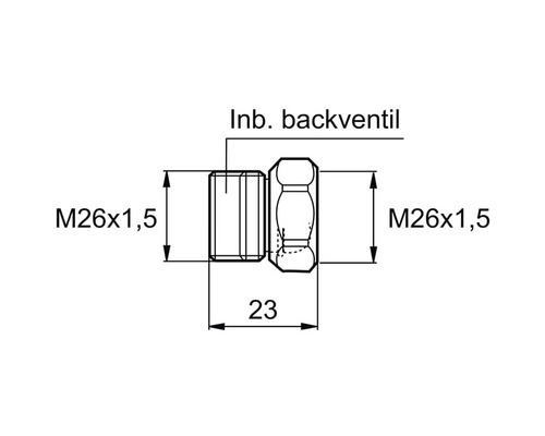 Teknisk ritning av en backventil med måtten M26x1,5 och 23