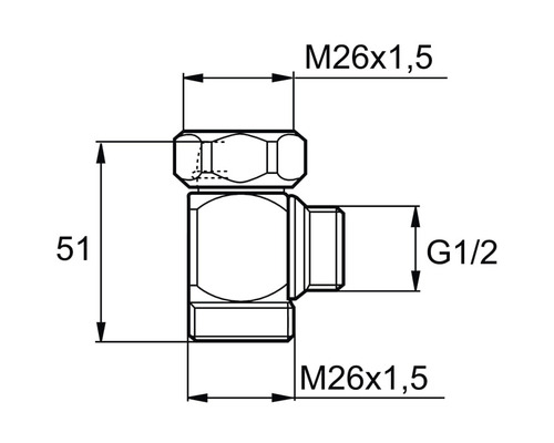 Teknisk ritning av en vinkelkoppling med mått