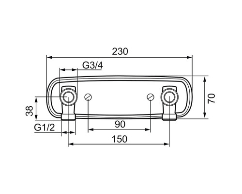 Teknisk ritning av ett radiatoranslutningsblock med måttangivelser