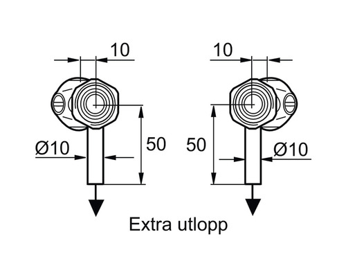 Teknisk ritning av ett extra utlopp med måttangivelser