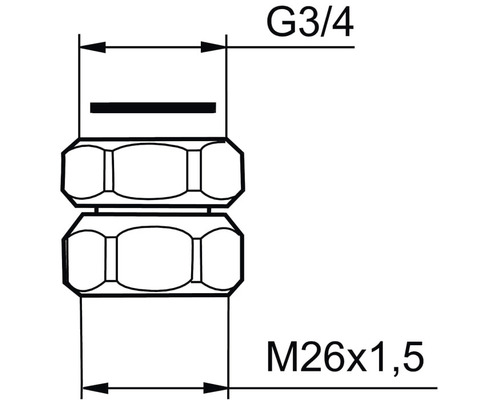 Teknisk ritning av ett anslutningsstycke med måtten G3/4 och M26x1,5