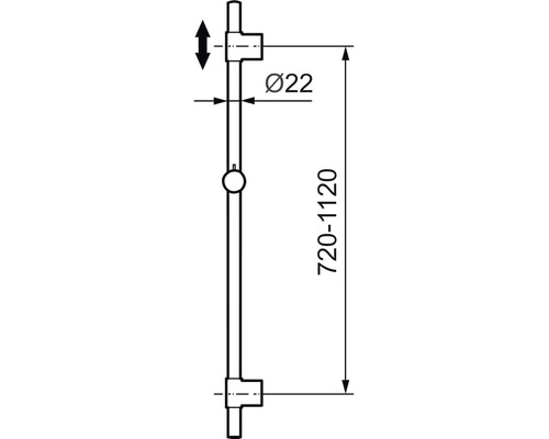 Teknisk ritning av en duschstång med måtten 720 till 1120 mm och en diameter på 22 mm