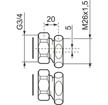 Teknisk ritning av en anslutning med måtten G3/4 och M26x1,5