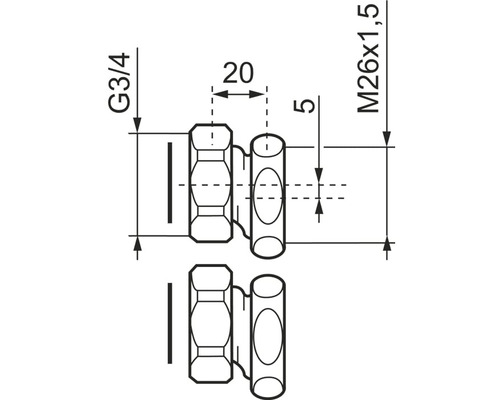 Teknisk ritning av en anslutning med måtten G3/4 och M26x1,5