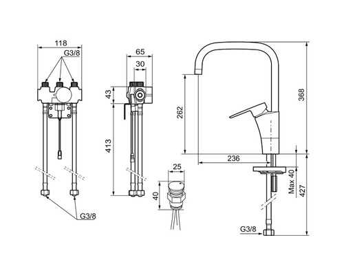 Teknisk ritning av en köksblandare med mått