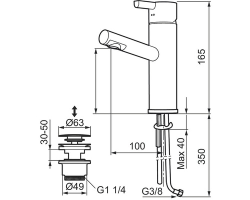 Teknisk ritning av en tvättställsblandare med mått.