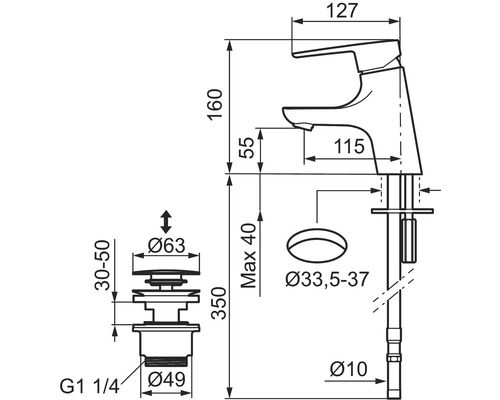 Teknisk ritning av en tvättställsblandare med mått