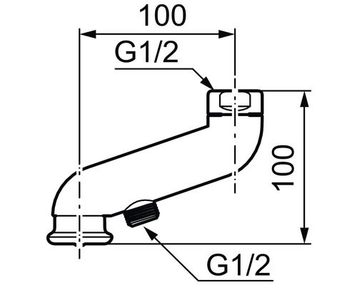 Teknisk ritning av en vattenlås med måtten 100 x 100 och en G 1/2-anslutning