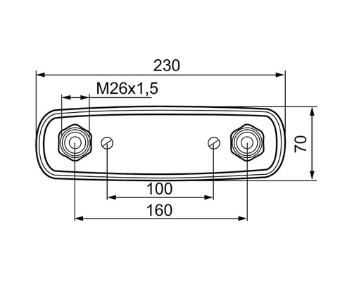 Teknisk ritning av en rektangulär komponent med dimensioner.