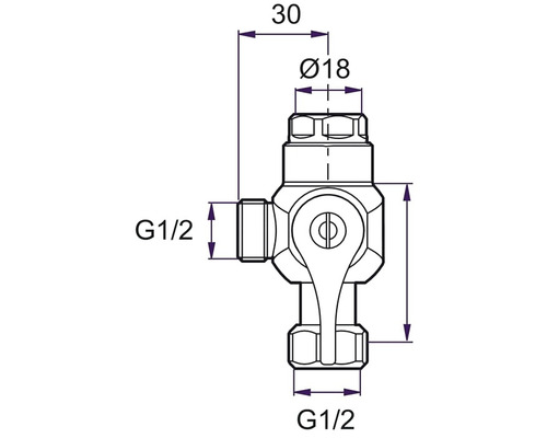 Teknisk ritning av en vinkelregleringsventil med dimensioner.