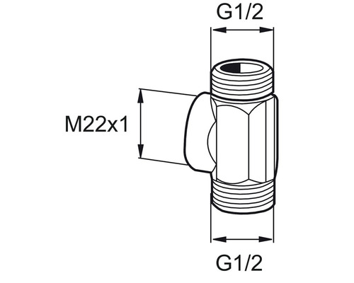 Teknisk ritning av ett T-stycke med måtten G1/2 och M22x1