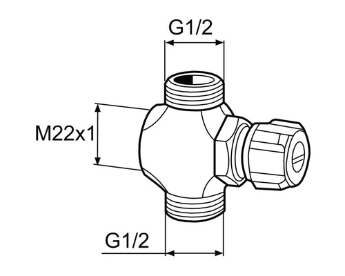 Ritning av ett T-stycke med måtten G 1/2 och M22x1
