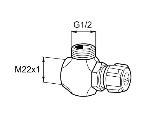 Teknisk ritning av en vinkelventil med måtten G 1/2 och M22x1