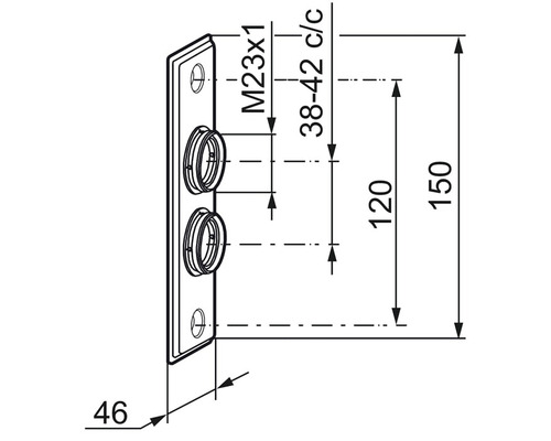 Teknisk ritning av en ventilanslutningsdosa med måttangivelser