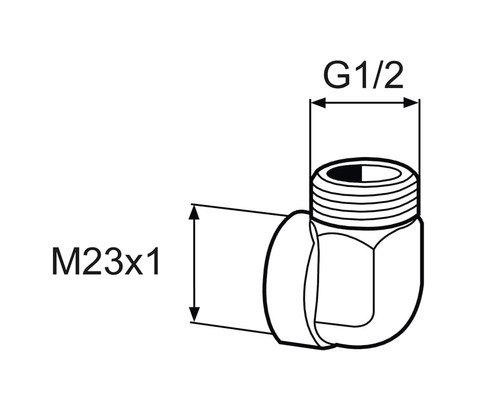 Teknisk ritning av en vinkelkoppling med måtten G1/2 och M23x1