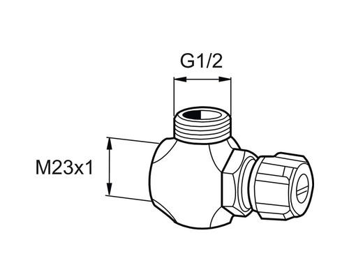 Teknisk ritning av en vinkelventil med måtten G1/2 och M23x1
