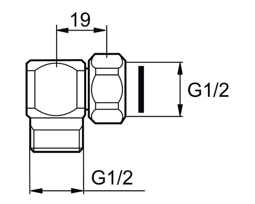 Teknisk ritning av en vinkelkoppling med måtten 19 och G1/2