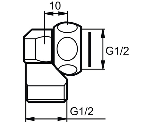 Teknisk ritning av en vinkelkoppling med G1/2-tumsanslutningar och måttangivelser