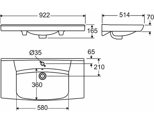 Teknisk ritning av ett tvättställ med mått