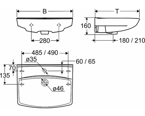 Teknisk ritning av ett tvättställ med mått