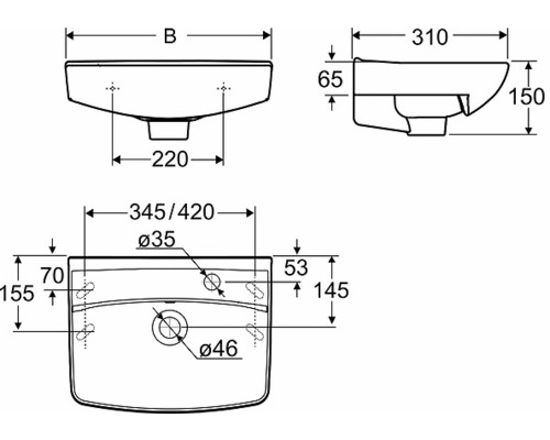 Teknisk ritning av ett handfat med mått
