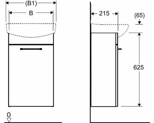 Teknisk ritning av ett tvättställsskåp med mått