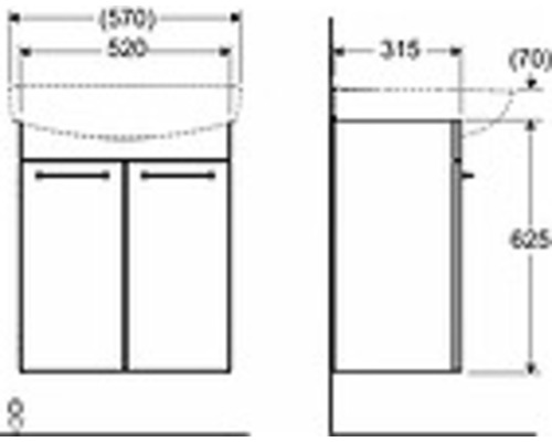 Teknisk ritning av ett tvättställsskåp med mått