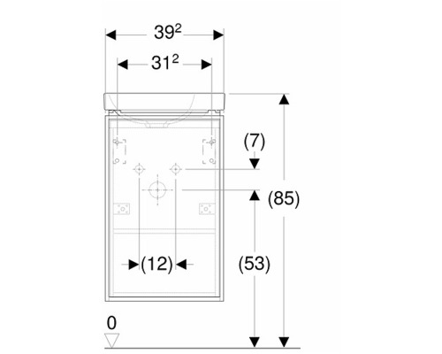 Måttritning av ett tvättställsskåp med bredd-, höjd- och djupangivelser