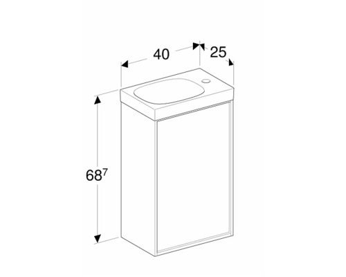 Ritning av ett tvättställsskåp med måtten 40 x 25 x 68,7 cm.