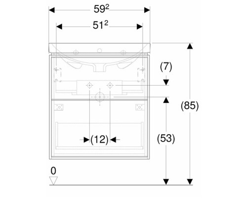 Teknisk ritning av ett tvättställsskåp med dimensioner