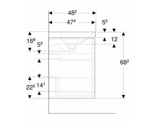 Teknisk ritning av ett tvättställsskåp med måttangivelser